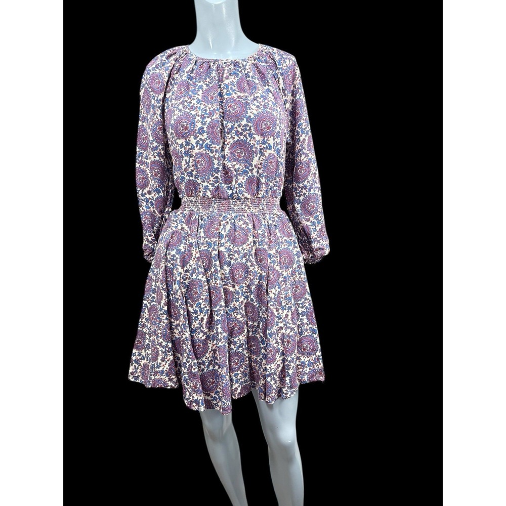 J Crew XS Womens‎ Palermo Smocked Waist Long Sleeve Floral Linen Mini Dress